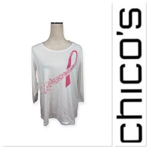 NWT Chico's White Top with Pink Breast cancer Ribbon Design top size large